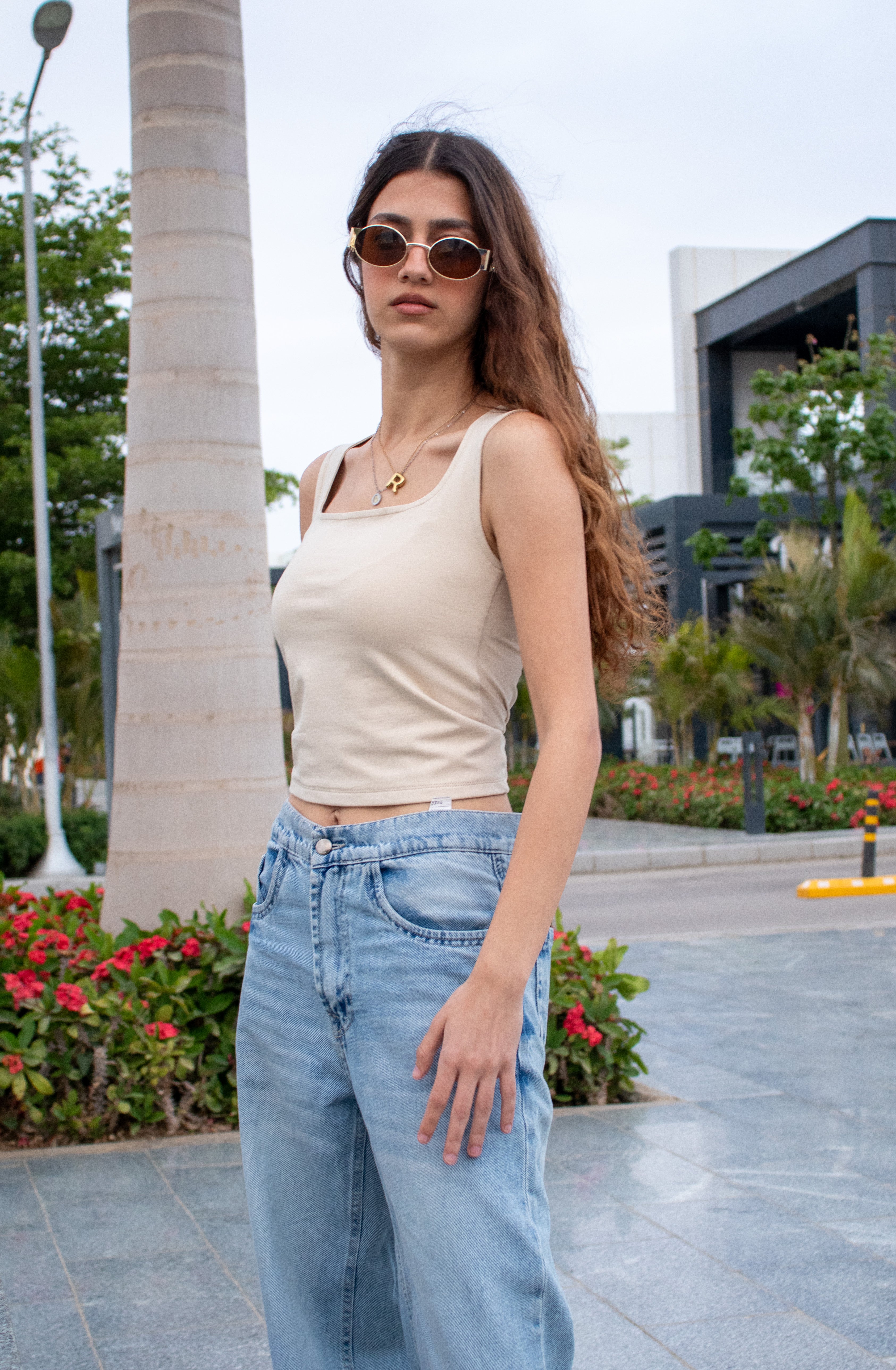 Beige Square Neck Top