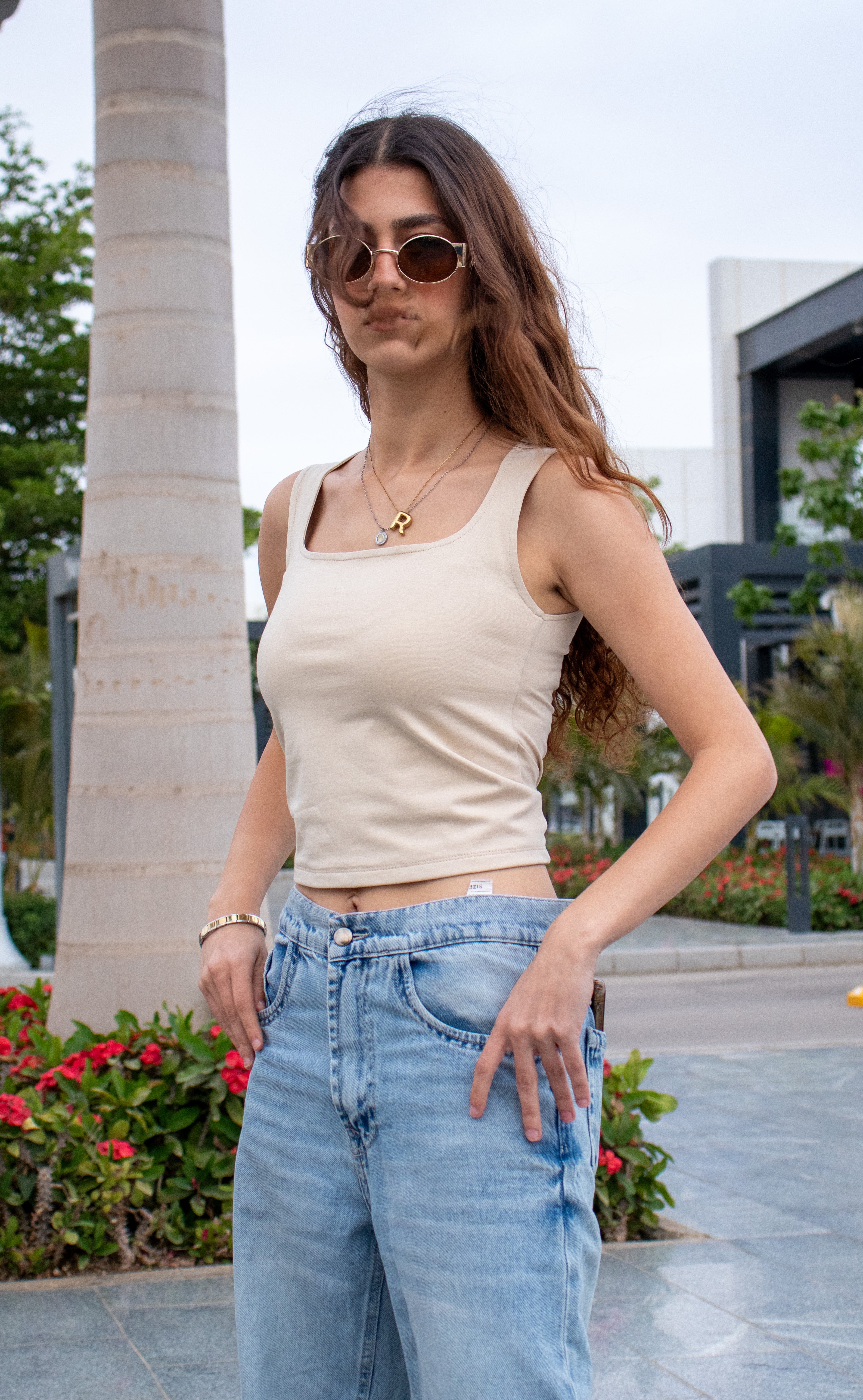 Beige Square Neck Top